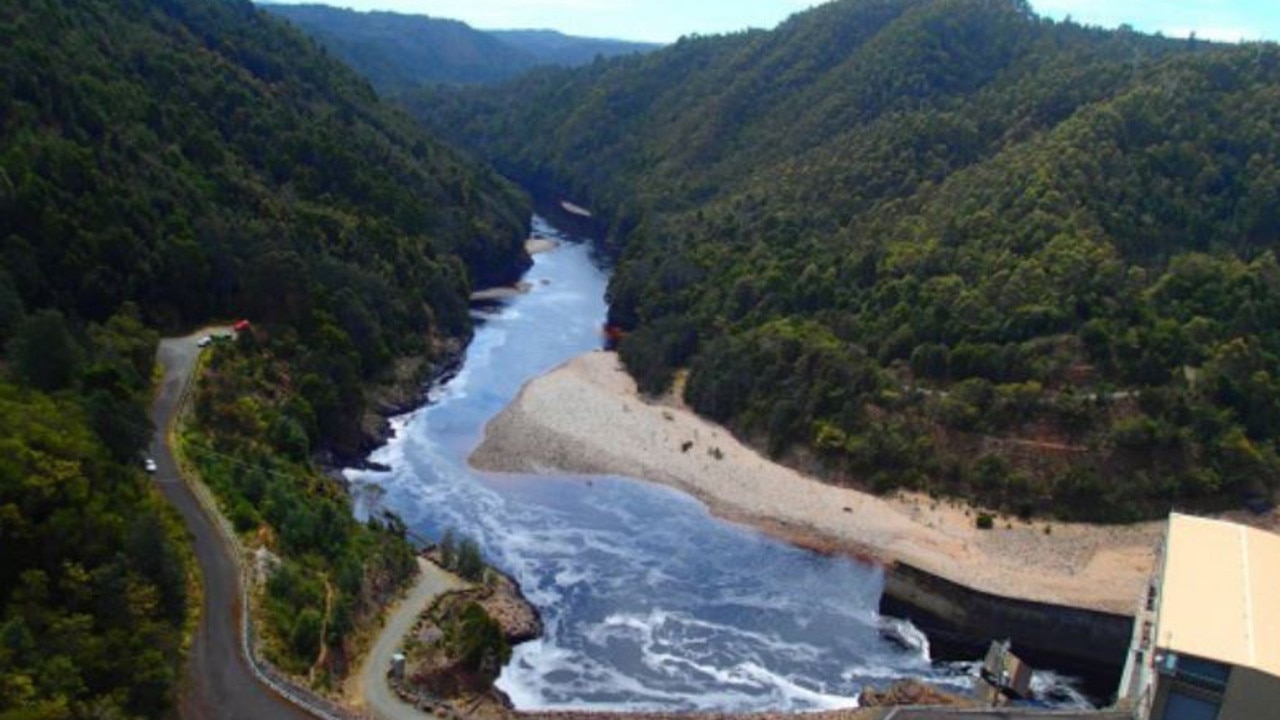 Reece Power Station tailrace and Pieman River below Reece Dam, part of the Anthony Pieman hydropower scheme in Western Tasmania. Picture: Hydro Tasmania