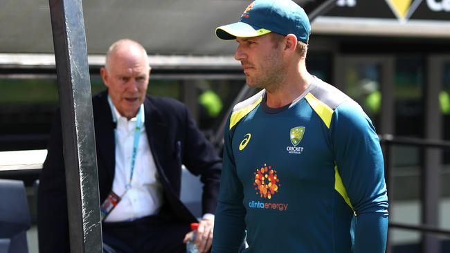 Australia captain Aaron Finch with Greg Chappell in Perth.