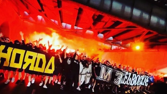 Members of Horda – an extreme arm of Melbourne Victory’s supporter groups – gather ahead of a game. Picture: Instagram