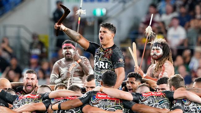 Latrell Mitchell has led the war cry before at All Stars games, and Blues teammates have adopted it at training sessions ahead of the Origin opener. Picture; AAP Image/Dave Hunt