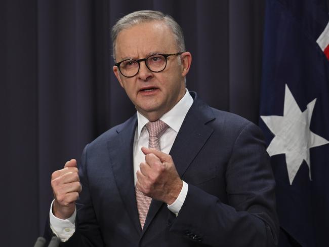 CANBERRA, AUSTRALIA, NewsWire Photos. APRIL 16, 2024: The Prime Minister, Anthony Albanese, Director-General of Security of ASIO, Mike Burgess, and the Commissioner of the Australian Federal Police, Reece Kershaw hold a press conference at Parliament House in Canberra. Picture: NCA NewsWire / Martin Ollman