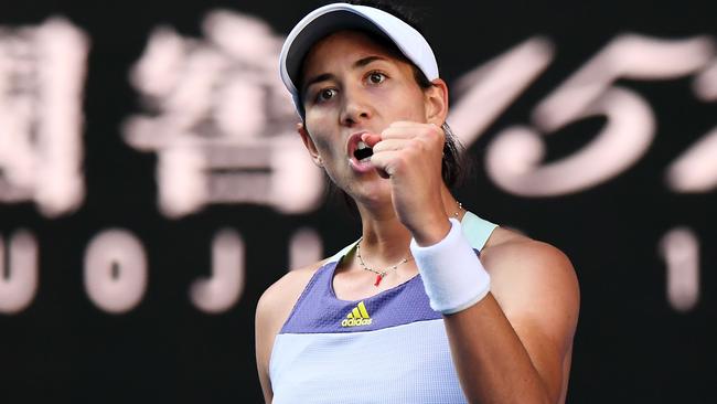 Garbine Muguruza celebrates after beating Simona Halep in the Australian Open semi-final. Picture: AFP