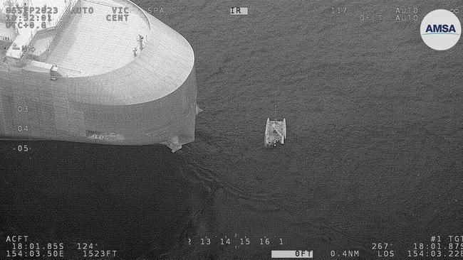 AMSA image of Dugong Ace approaching the Tion to rescue three sailors. Picture: AMSA