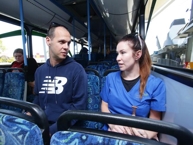 TOO BUSY: Kirsty McLeod talks with Michael Wray on the bus out of Ningi on Tuesday. Picture: Claudia Baxter