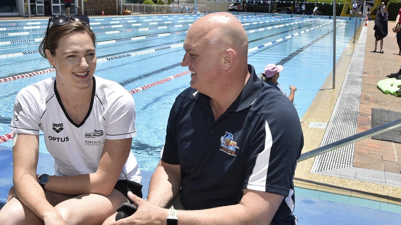 Former Olympians Cate Campbell and Darren Lange speak about water safety activities at Milne Bay pool in November 2018.