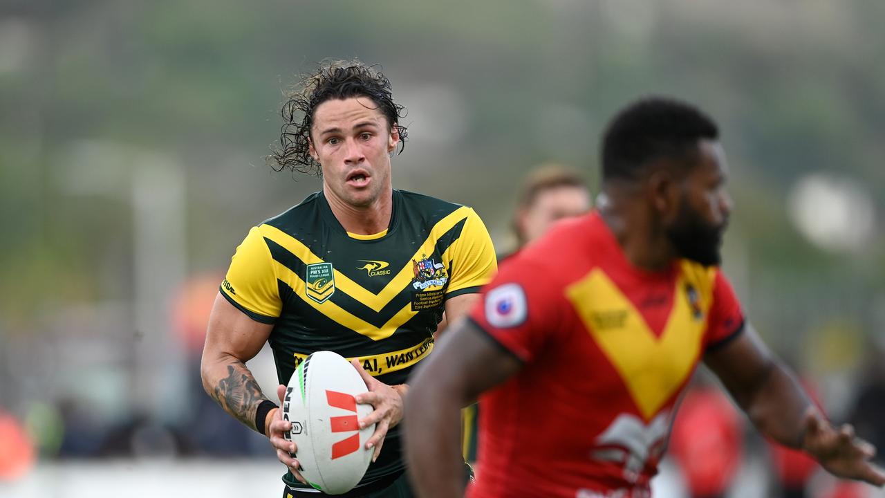 Nicho Hynes playing for Australia in the Prime Minister’s XIII clash against Papua New Guinea. Picture: NRL Imagery.