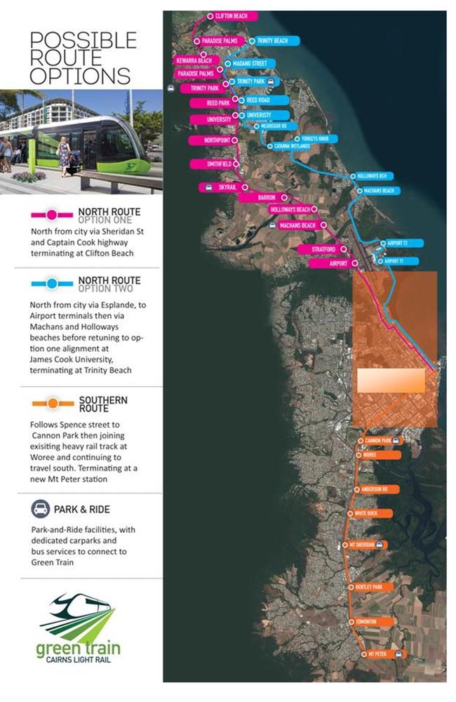 Possible route options for a light rail network in and around Cairns.