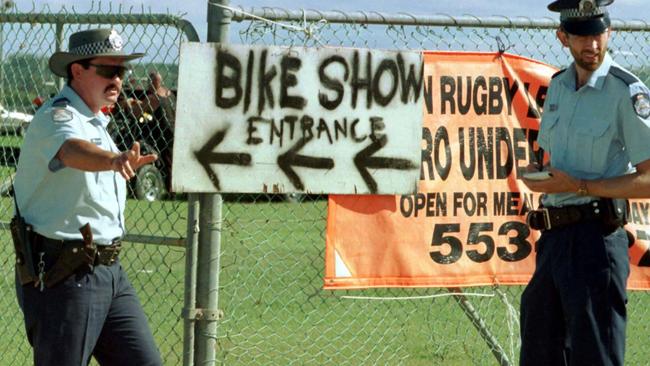 Police at the gate of the bike show in Tugun on November 9, 1996.