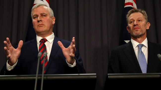 Minister for Small Business Michael McCormack and Australian Statistician David Kalisch face the media. .