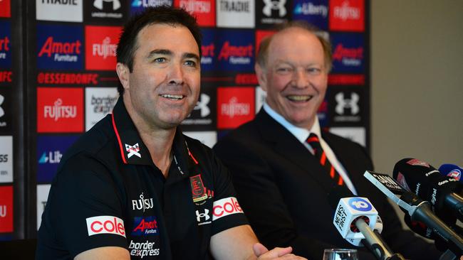 Essendon President David Barham with new coach Brad Scott. Picture: Nicki Connolly