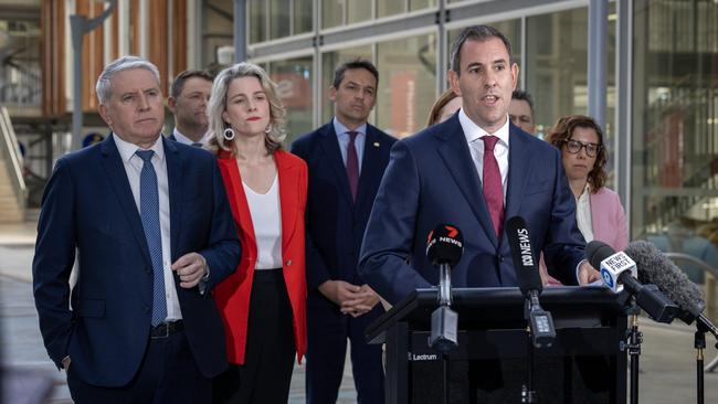 Treasurer Jim Chalmers, alongside Skills and Training Minister Brendan O’Connor, Education Minister Jason Clare, Social Services Minister Amanda Rishworth, and Immigration Minister Andrew Giles launching the employment white paper in SA. Picture: Emma Brasier/NCA NewsWire