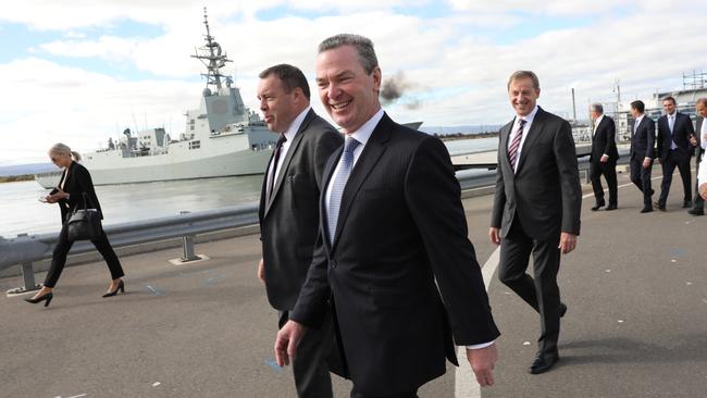 Defence Industry Minister Christopher Pyne at the air warfare destroyer construction yard in Osborne for the naval college announcement. Picture: AAP / Russell Millard