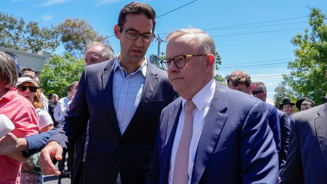 Mr Burns, left, and Anthony Albanese outside the damaged Adass Israel Synagogue in Melbourne. Picture: Getty Images