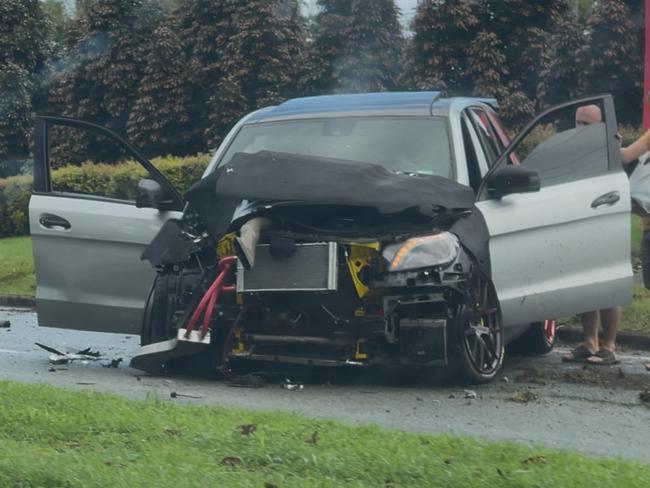 A Mercedes has crashed into a power pole on the Gold Coast. Picture: Charlton Hart