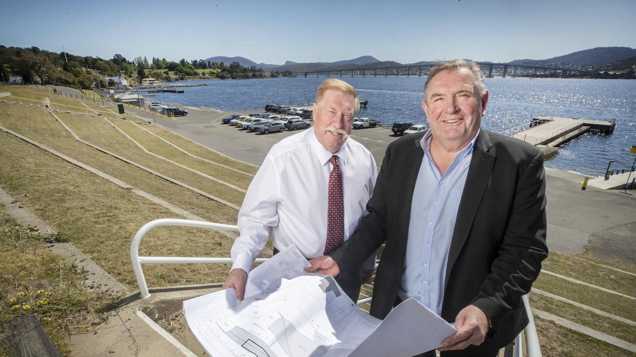 Stakeholder relations Paul Lennon and Managing Director of Stadia Precinct Consortia Dean Coleman at Macquarie Point. Picture: Chris Kidd