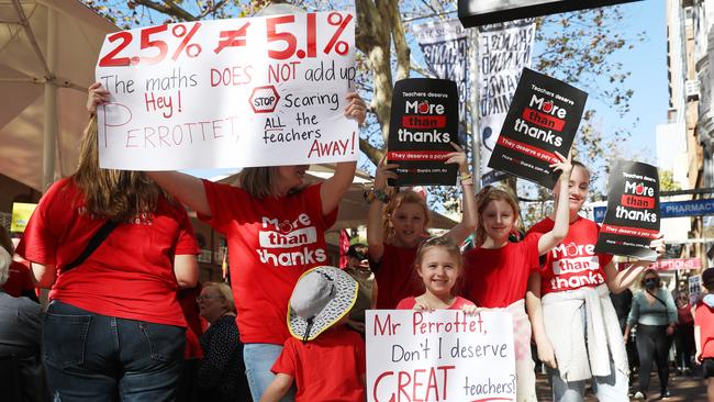 Teachers on strike in May 2022. The union accused the Minns government of echoing their Coalition predecessors by introducing a 2.5 wage increase from 2025. Picture: John Grainger