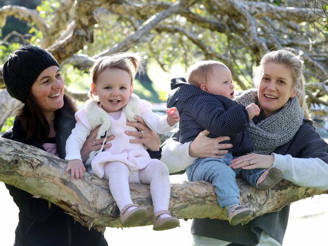 Ciara Houlihan, 35, with daughter Emily, 18 months, and Jenny Bourke, 34, with daughter Poppy, 1 say it is unfair women have to pre-plan health cover when it comes to having a family. Picture: David Swift