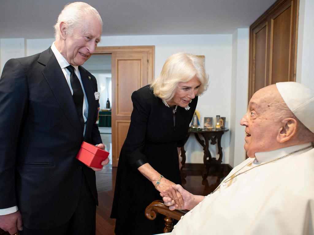 Pope Francis during a private meeting with Britain's King Charles III and Queen Camilla in The Vatican on April 9. Picture: Handout / VATICAN MEDIA / AFP