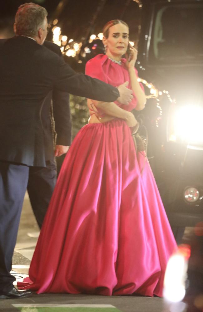 Sarah Paulson waits her for ride home after the Vanity Fair party. Picture: Max Lopes- Vasquez-clint / BACKGRID 