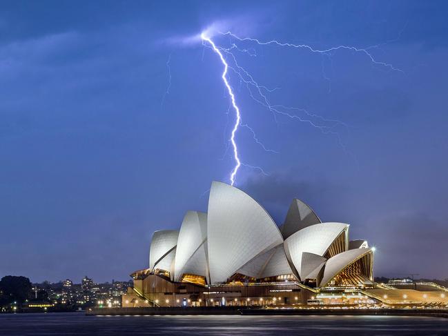 A stunning image of lightning crashing of the Sydney Opera House after a huge storm from swept in from western Sydney. Picture: Richa Pawar