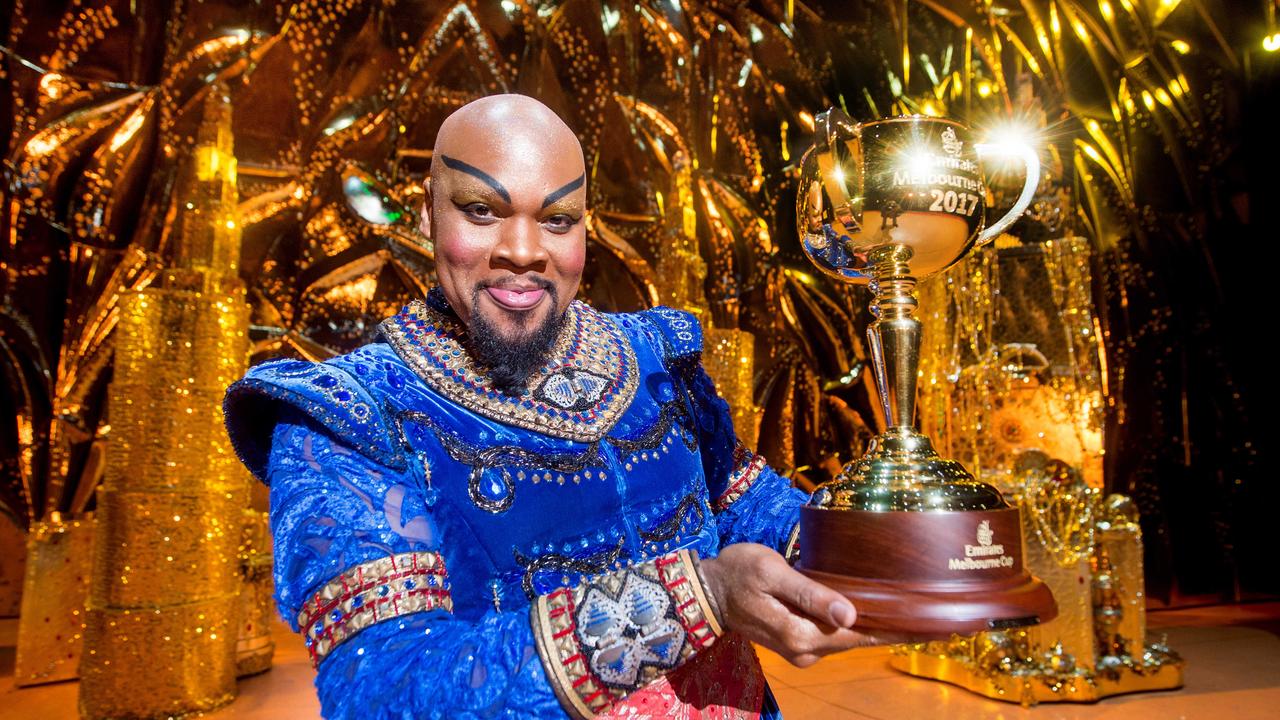 Michael James Scott played the genie in the Aladdin musical at Her Majesty's Theatre, and helped to promote the 2017 Melbourne Cup. Picture: Jay Town.