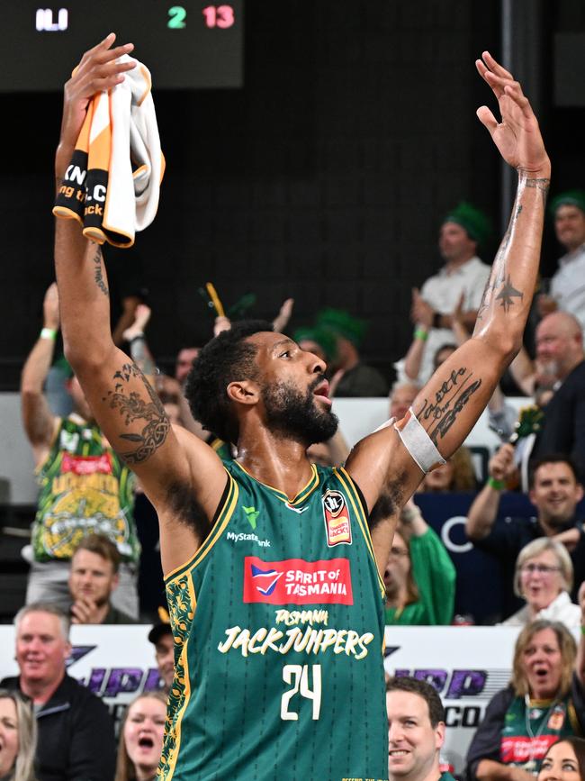 Marcus Lee rallies the JackJumpers’ crowd during last season’s grand final series. Picture: Getty Images