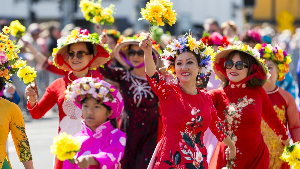 Representing the Vietnamese community in the Carnival of Flowers floral parade, Saturday, September 18, 2021. Picture: Kevin Farmer