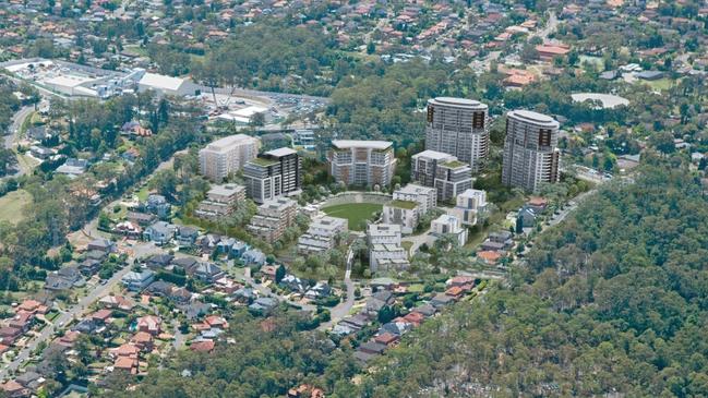 Artist impressions of GROSVENOR PARK at West Pennant Hills which could include 15 residential towers and 25 townhouses. at the corner of Coonara Ave and Castle Hill Rd.