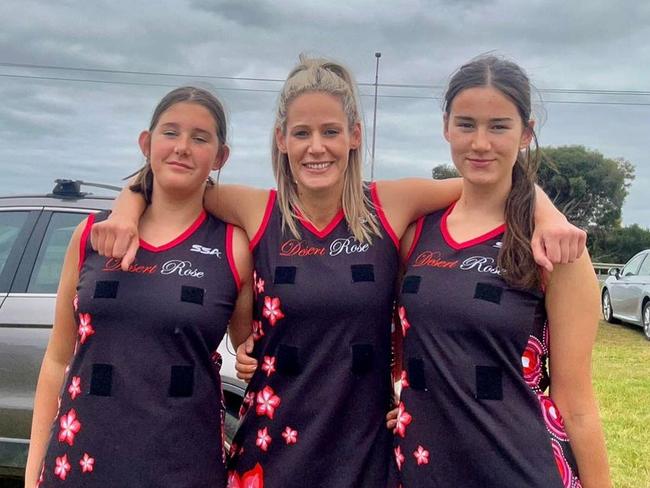 Jade Naylor (middle) with Shylah (right) and Lily (left) after playing in an invitational Indigenous tournament at Torquay for the Desert Roses.