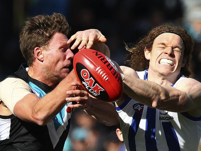 AFL - Port Adelaide v North Melbourne - Round 17 - Adelaide Oval. Brad Ebert and Ben Brown. Picture Sarah Reed