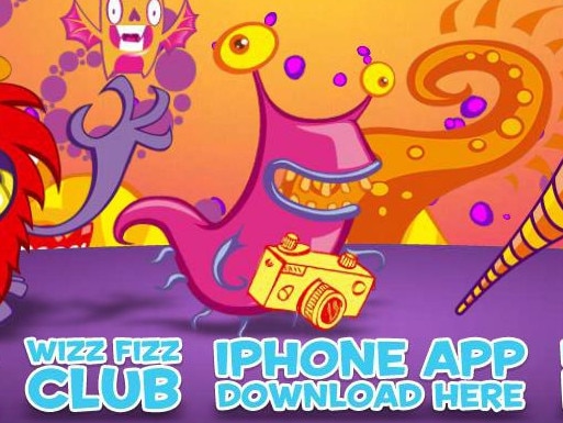 The kid-friendly Whiz Fizz website features  animated monsters and a link to a Facebook page. 