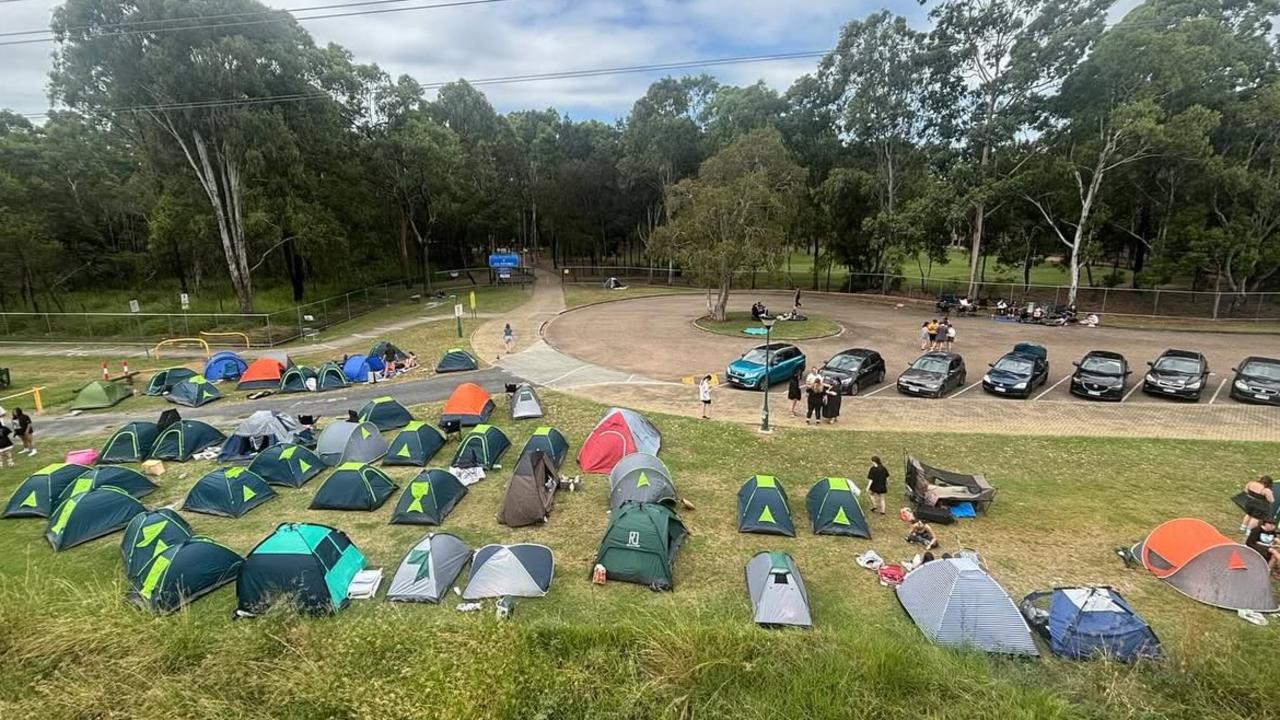 Tents set up near Brisbane Entertainment Centre ahead of the Billie Eilish concert. Picture: The Courier Mail