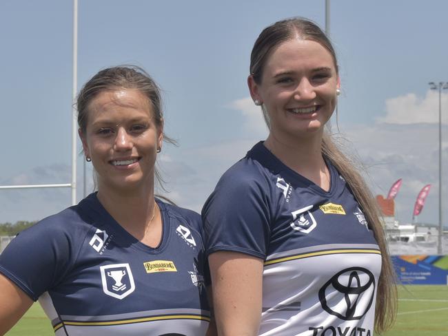 Zoe Martin (left), Alicia Martin and Kortney Deguara in the new North Queensland Gold Stars jerseys at BB Print Stadium ahead of the QRLW season. Picture: Matthew Forrest