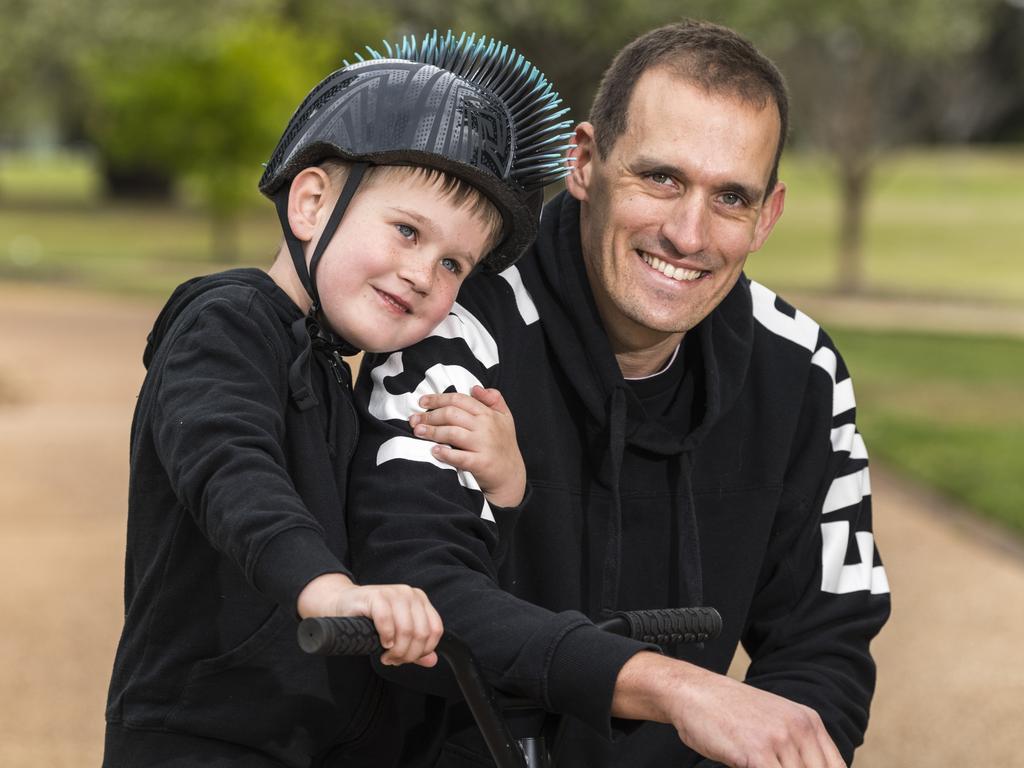 Greg Chambers with son Michael Chambers at the Man with a Pram event on Father's Day, Sunday, September 5, 2021. Picture: Kevin Farmer