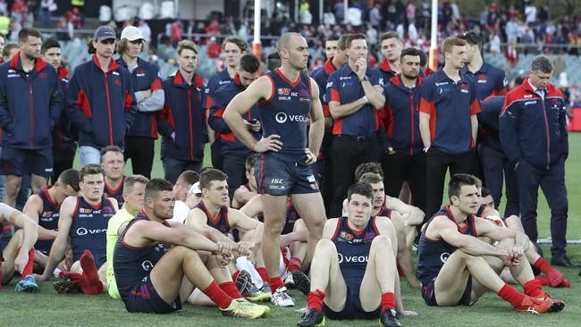 A disappointed group of Norwood players and staff after last season’s grand final loss. Picture: Sarah Reed