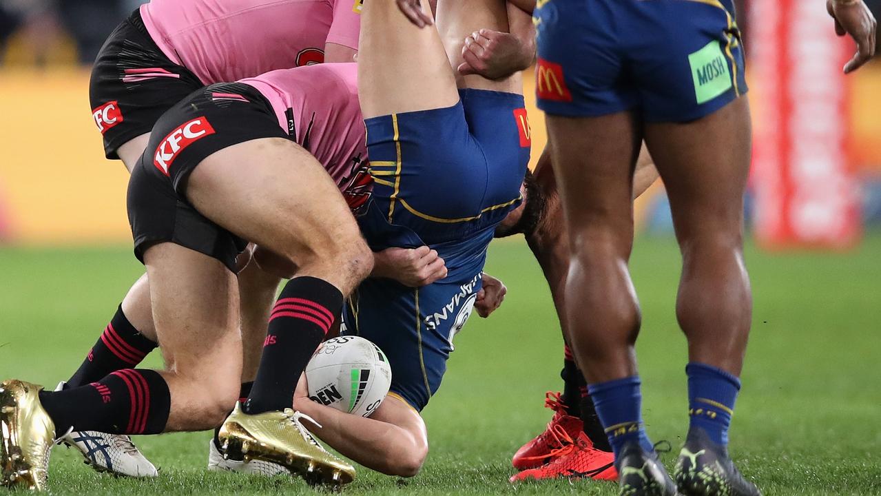 Nathan Cleary copped a five-game ban for this tackle on Dylan Brown. Picture: Joshua Davis/Getty Images