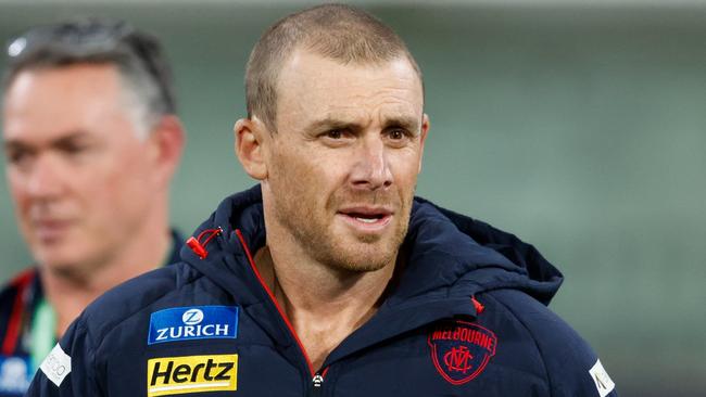 MELBOURNE, AUSTRALIA - MAY 04: Simon Goodwin, Senior Coach of the Demons is seen at three quarter tie during the 2024 AFL Round 08 match between the Melbourne Demons and the Geelong Cats at The Melbourne Cricket Ground on May 04, 2024 in Melbourne, Australia. (Photo by Dylan Burns/AFL Photos via Getty Images)