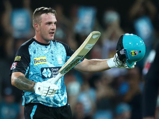 GOLD COAST, AUSTRALIA - JANUARY 22: Josh Brown of the Heat celebrates a century during the BBL The Challenger Final match between Brisbane Heat and Adelaide Strikers at Heritage Bank Stadium, on January 22, 2024, in Gold Coast, Australia. (Photo by Chris Hyde/Getty Images)