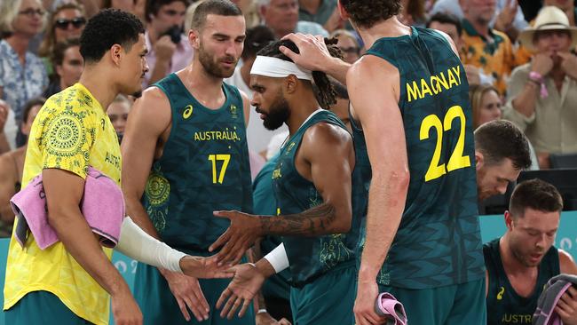 NCA. PARIS FRANCE 2024 OLYMPIC GAMES. August 6- Day 11Patty Mills gets a break during the Mens Basketball Quarterfinal between Australia and Serbia at Bercy Arena.: Adam Head