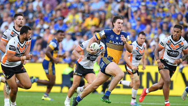 Shaun Lane added to the Eels’ nine-try haul against the Tigers. Picture: Dean Lewins