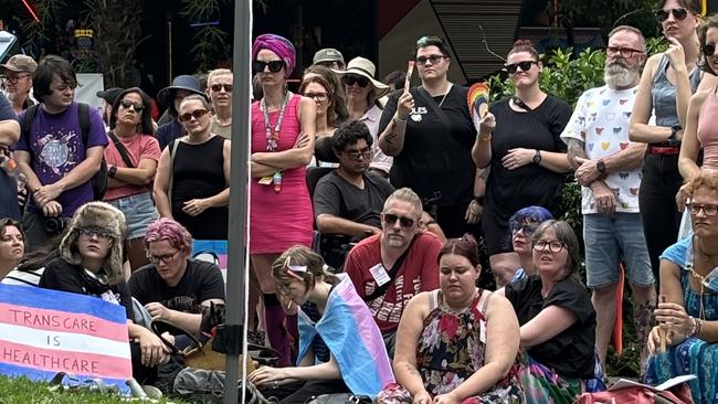 The Cairns trans community and their supporters turned out in force to protest a pause on puberty blockers and hormone treatment for people under the age of 18 by the Queensland Government. Photo: Dylan Nicholson