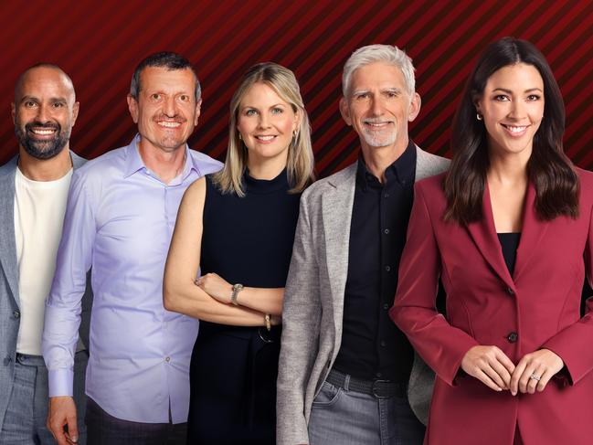 Archie Thompson, Guenther Steiner, Rosanna Tennant, Damon Hill and Tara Rushton form part of Channel 10’s Formula One Australian Grand Prix commentary team.