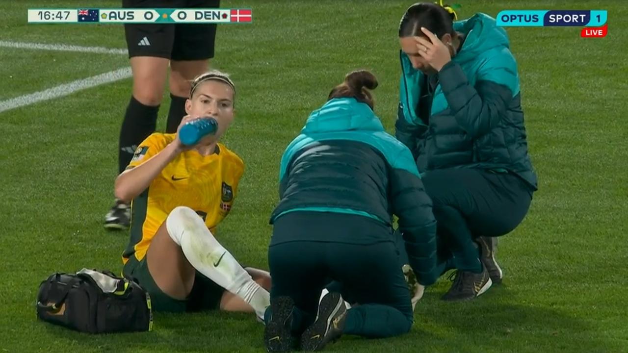 Steph Catley needed a moment to recover. Photo: Optus Sport.