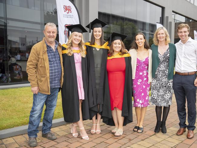 Anna Vout, Sarah Womersky and Morgan Brudenell with friends. UTAS graduations. School of College of Health and Medicine Graduate Research. Picture: RICHARD JUPE