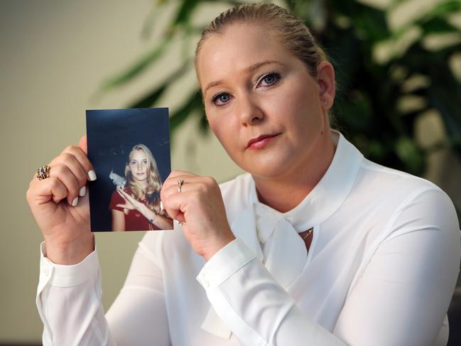 Virginia Roberts holds a photo of herself at age 16, when she says Palm Beach multimillionaire Jeffrey Epstein began abusing her sexually. Picture: Emily Michotvia Getty Images