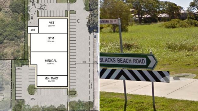 Crossroad Developments has applied to Mackay Regional Council to build a shopping precinct and residential sub development along Blacks Beach Rd in Blacks Beach, next door to the Blacks Beach Tavern. Picture: Documents supplied to Mackay Regional Council, Google Maps