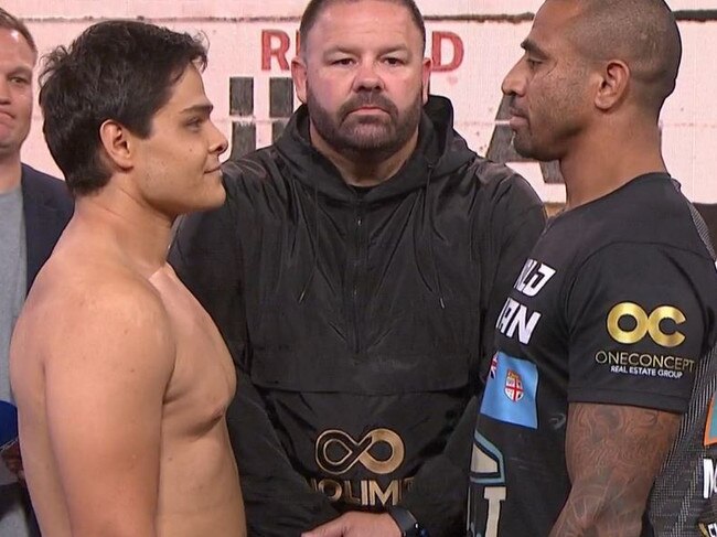 Akkawy and Quinlan face off after weighing in. Picture: Kayo Sports