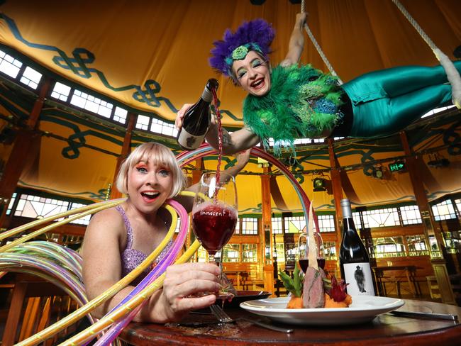 Anna Lumb and Rockie Stone help Circus Oz team up with Charcoal Lane restaurant to put on Melbourne Food Wine Festival event Tipples, Tucker and Tumbling. Picture: Alex Coppel 