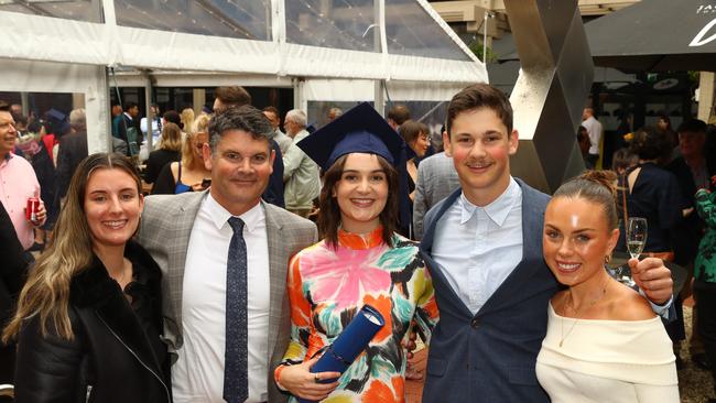 Chelsea Barton, left, Wal Cribbes, Olive Cribbles, brother Harvey Cribbles and cousin Molly Parnell at the Deakin University Graduation post ceremony celebration. Picture: Alison Wynd