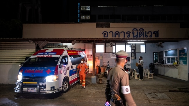 Warnie's body was transported from Surat Thani Hospital to Bangkok where it will be placed into a commercial aircraft bound for Australia. Picture: Sirachai Arunrugstichai/Getty Images